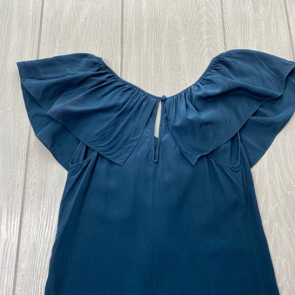 REBECCA TAYLOR WOMEN'S SILK TEAL BLUE RUFFLE TOP MINI DRESS SIZE 0 - Picture 7 of 9